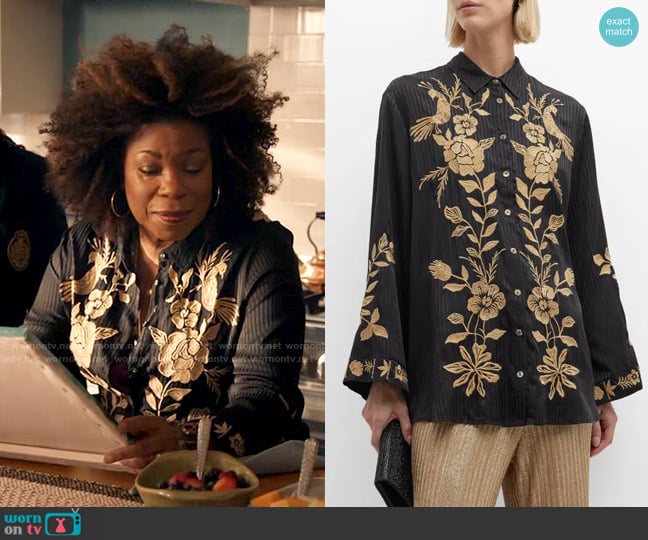 Johnny Was Martina Floral-Embroidered Stripe Jacquard Collared shirt worn by Viola Marsette (Lorraine Toussaint) on The Equalizer