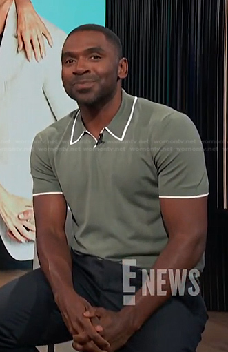 Justin’s green contrast trim polo shirt on E! News