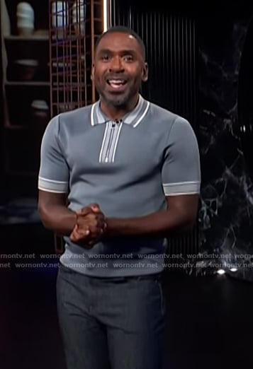 Justin’s grey contrast stripe polo shirt on E! News