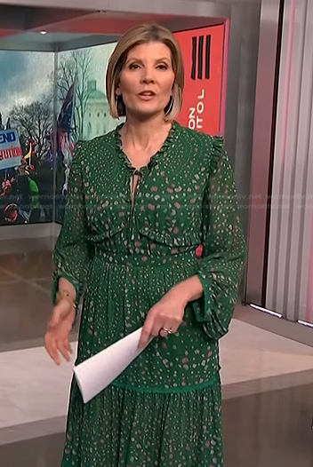 Kate Snow's green printed tie neck dress on NBC News Daily