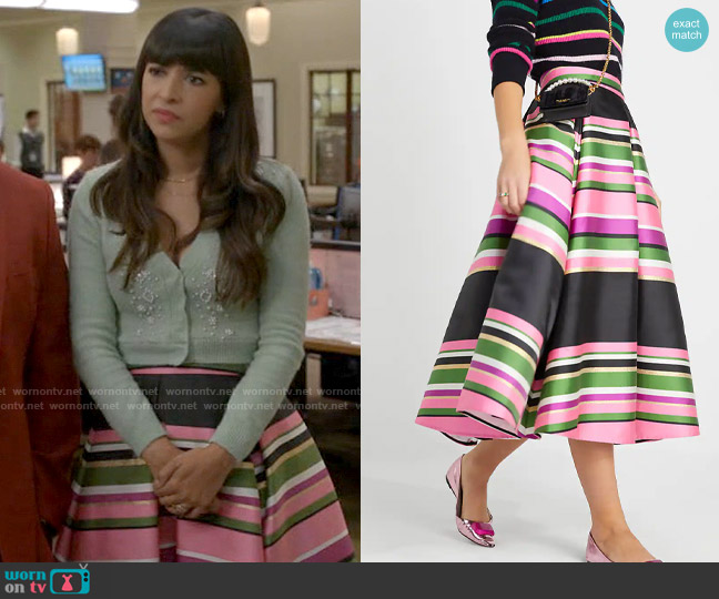 Kate Spade Metallic Festive Multi Stripe Skirt worn by Sam (Hannah Simone) on Not Dead Yet