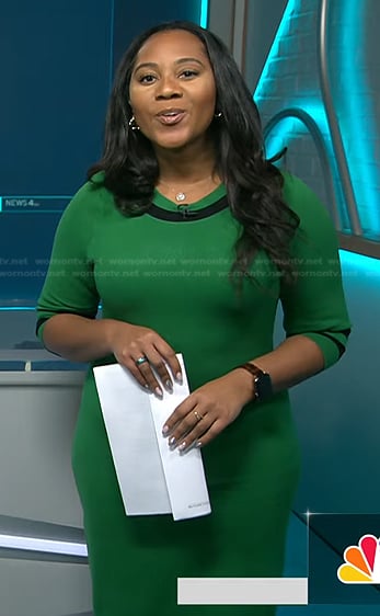 Kay Angrum’s green stripe trim knit dress on NBC News Daily