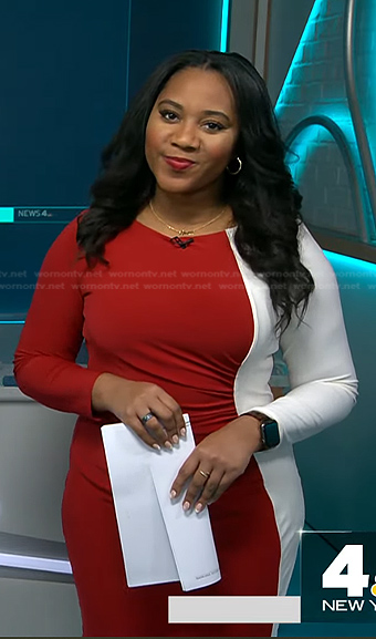 Kay Angrum’s red colorblock ruched dress on NBC News Daily