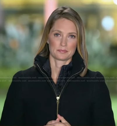 Kayna Whitworth’s black zip front coat on Good Morning America