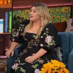 Kelly’s black floral print square neck dress on The Kelly Clarkson Show