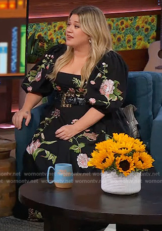 Kelly's black floral print square neck dress on The Kelly Clarkson Show