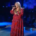 Kelly’s red floral ruffle dress on The Kelly Clarkson Show