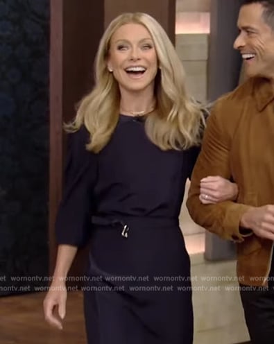 Kelly’s navy belted dress on Live with Kelly and Mark