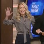 Kelly’s printed tie neck blouse and skirt on Live with Kelly and Mark