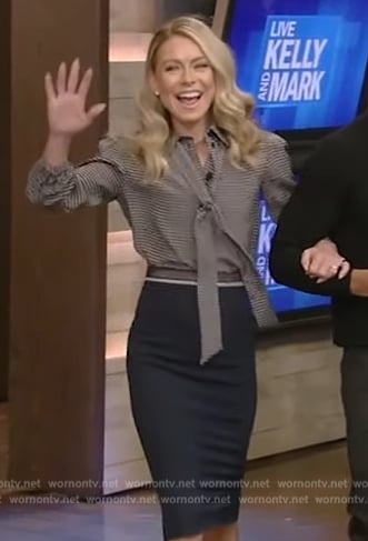 Kelly’s printed tie neck blouse and skirt on Live with Kelly and Mark