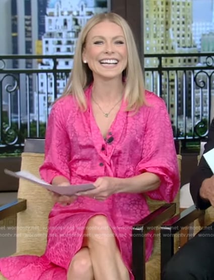 Kelly’s pink tie neck midi dress on Live with Kelly and Mark