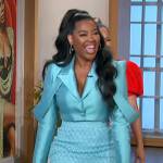 Kenya Moore’s blue satin cropped blazer and skirt on The Talk