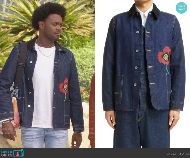 Kenzo Embroidered Workwear Denim Jacket worn by Noah Koles (Echo Kellum) on Grand Crew