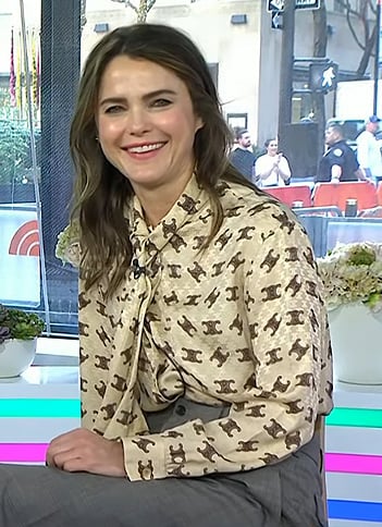 Keri Russell’s logo print tie neck blouse on Today