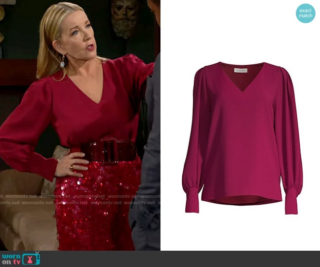 Lafayette 148 NY Lenore Blouse in Hibiscus worn by Nikki Reed Newman (Melody Thomas-Scott) on The Young and the Restless