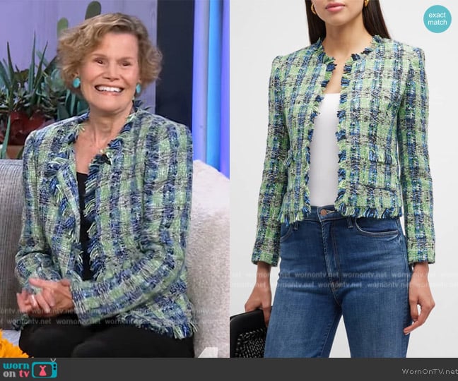 L'Agence Angelina Tweed Open-Front Fringe Blazer worn by Judy Blume on The Kelly Clarkson Show