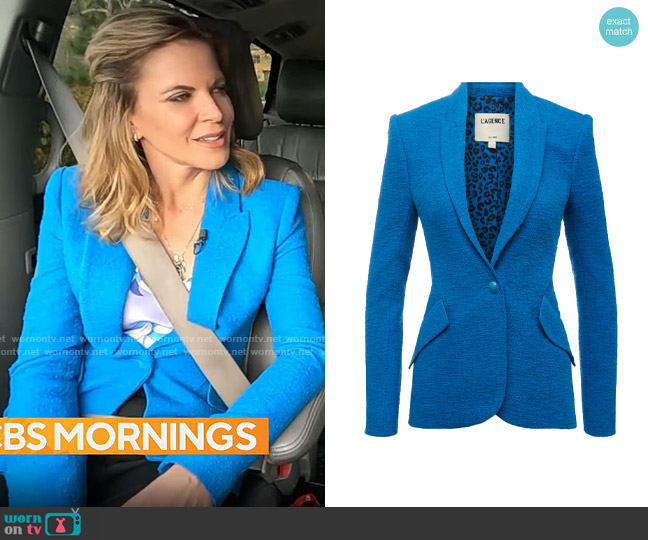 L'Agence Chamberlain Tweed Blazer in Teal worn by Natalie Morales on CBS Mornings