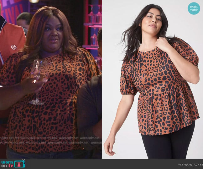 Lane Bryant Classic Puff-Sleeve Tie-Back Peplum Blouse worn by Nicky (Nicole Byer) on Grand Crew