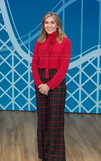 Laura Gassner Otting's red tie neck blouse and windowpane pants on Good Morning America