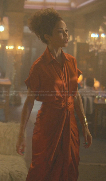 Lena Adams's orange tie front shirtdress on Good Trouble