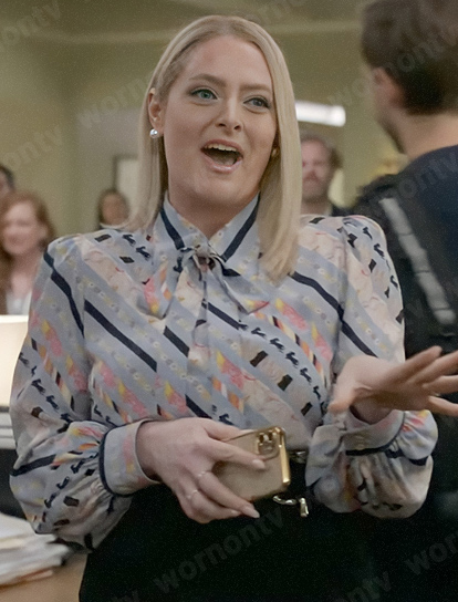 Lexi's pastel patterend tie neck blouse on Not Dead Yet