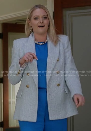 Lexi’s blue tweed blazer on Not Dead Yet