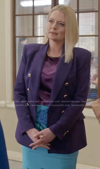 Lexi's purple blazer and blue floral skirt on Not Dead Yet