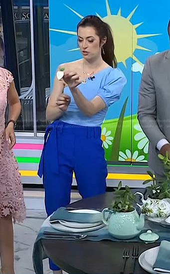 Lindsey Peers's blue one-shoulder top and tie waist pants on Today