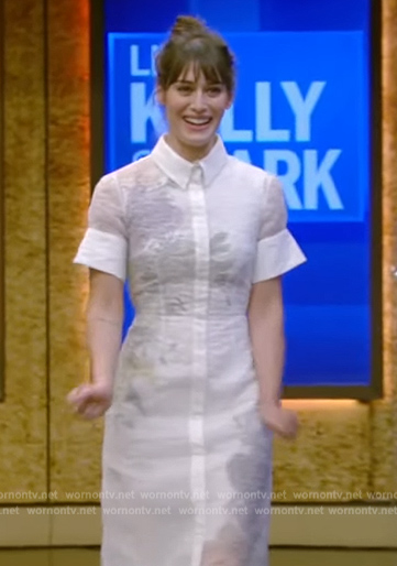 Lizzy Caplan's white floral print dress on Live with Kelly and Mark