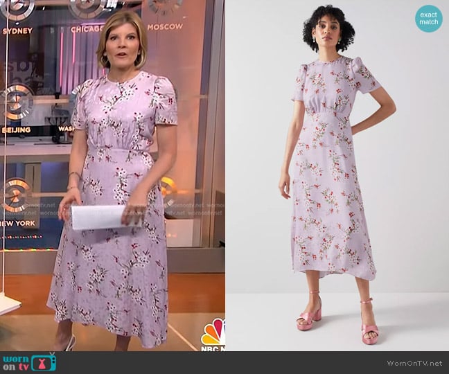 LK Bennett Boyd Cherry Blossom Print Silk Jacquard Dress worn by Kate Snow on NBC News Daily