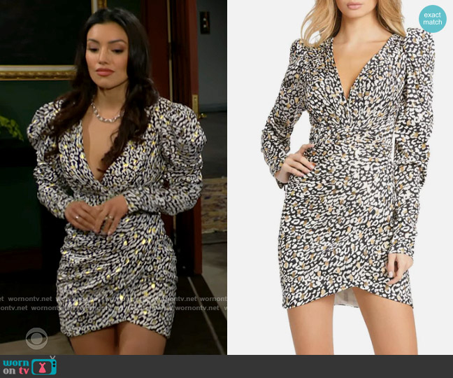 Mac Duggal Puff Sleeve Leopard Print Mini Dress worn by Audra Charles (Zuleyka Silver) on The Young and the Restless