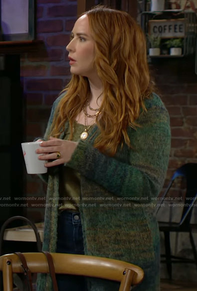 Mariah's long green cardigan on The Young and the Restless