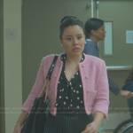 Mariana’s black heart print top and pink jacket on Good Trouble