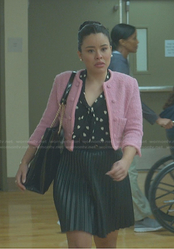 Mariana's black heart print top and pink jacket on Good Trouble
