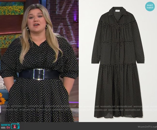 Matteau Tiered polka-dot cotton and silk-blend shirt dress worn by Kelly Clarkson on The Kelly Clarkson Show