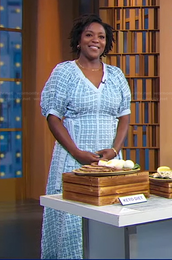 Maya Feller's blue plaid midi dress on Good Morning America