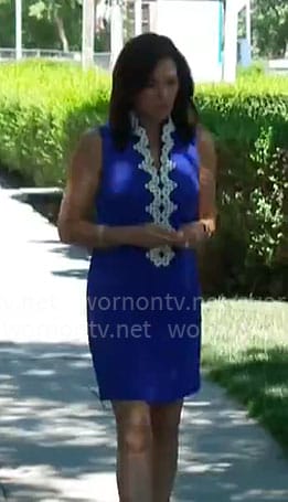 Meg Oliver's blue dress with white embroidery on CBS Mornings