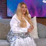 Meghan’s silver sequined feather trim skirt on The Kelly Clarkson Show