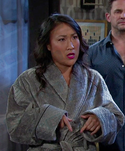 Miranda's grey bathrobe on Days of our Lives