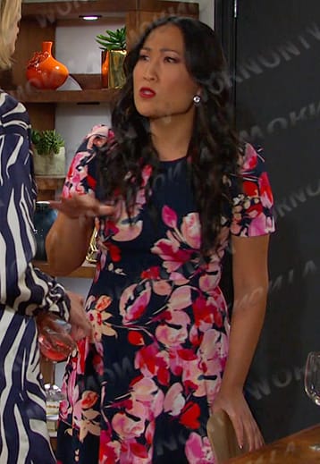 Melinda's navy and pink floral dress on Days of our Lives