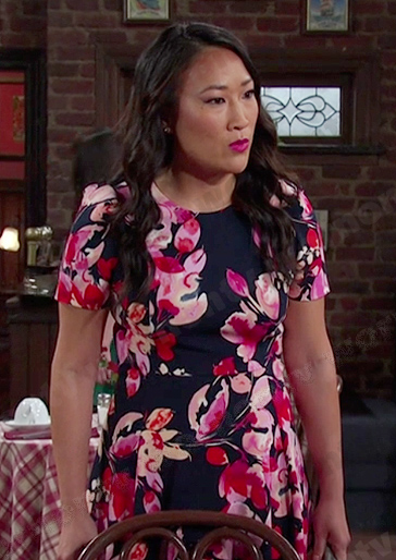 Melinda's navy and pink floral dress on Days of our Lives