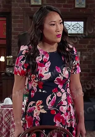 Melinda’s navy and pink floral dress on Days of our Lives