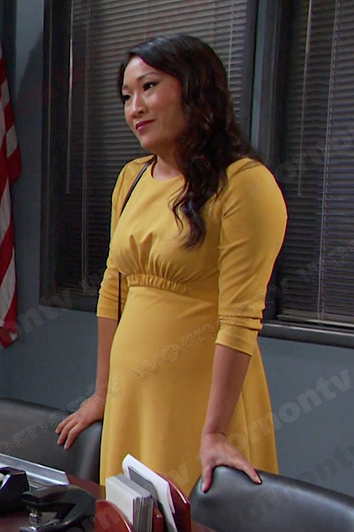 Melinda's yellow gather-waist dress on Days of our Lives