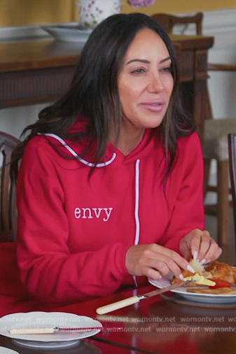 Melissa's red envy logo hoodie on The Real Housewives of New Jersey