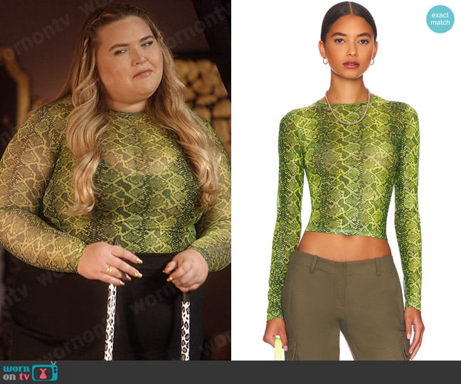 Miaou Long Sleeve Tee in Lime Python worn by Felicia O'Brien (Lily Mae Harrington) on Single Drunk Female