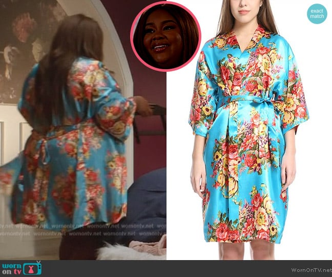 Missfashion Turquoise and Red floral Satin Kimono worn by Nicky (Nicole Byer) on Grand Crew