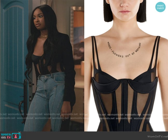 Mugler High Tech Cutout Illusion Panel Corset Top worn by Hilary Banks (Coco Jones) on Bel-Air