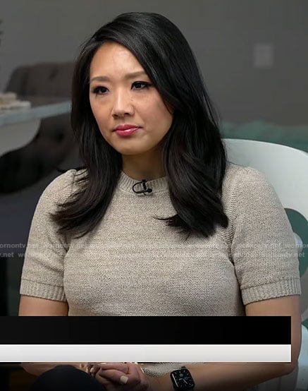 Nancy Chen’s beige short sleeve sweater on CBS Mornings