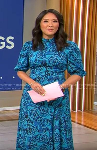 Nancy Chen’s blue rose print dress on CBS Mornings