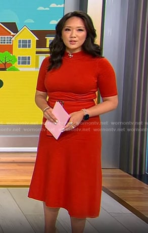 Nancy Chen's red knit dress with belt on CBS Mornings